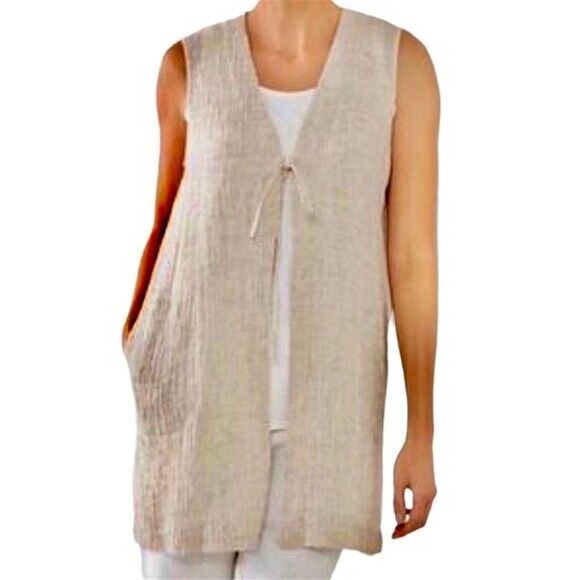 J. Jill 100% Linen Tunic Duster Sleeveless Vest Tan Women's Size Large H14872 - Picture 11 of 11